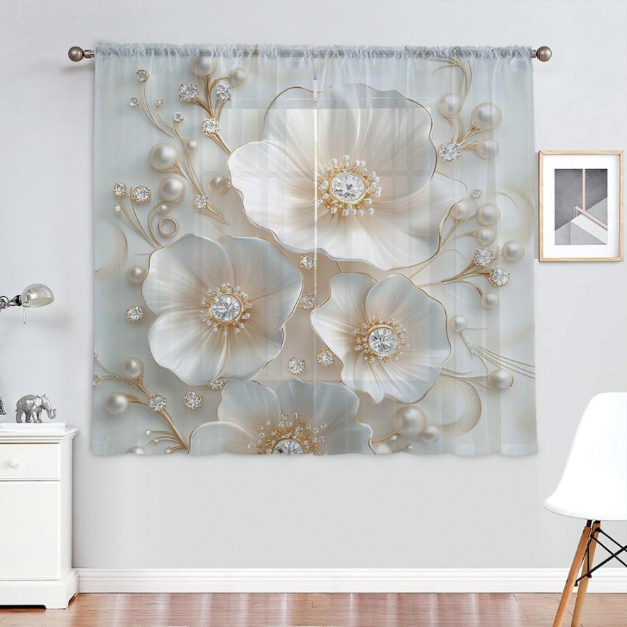 2PCS Digital Print Sheer Curtain, Diamond Pearl Beaded Flowers Pattern, Luxurious Glamorous Elegant Crystal Jewel Style Decor