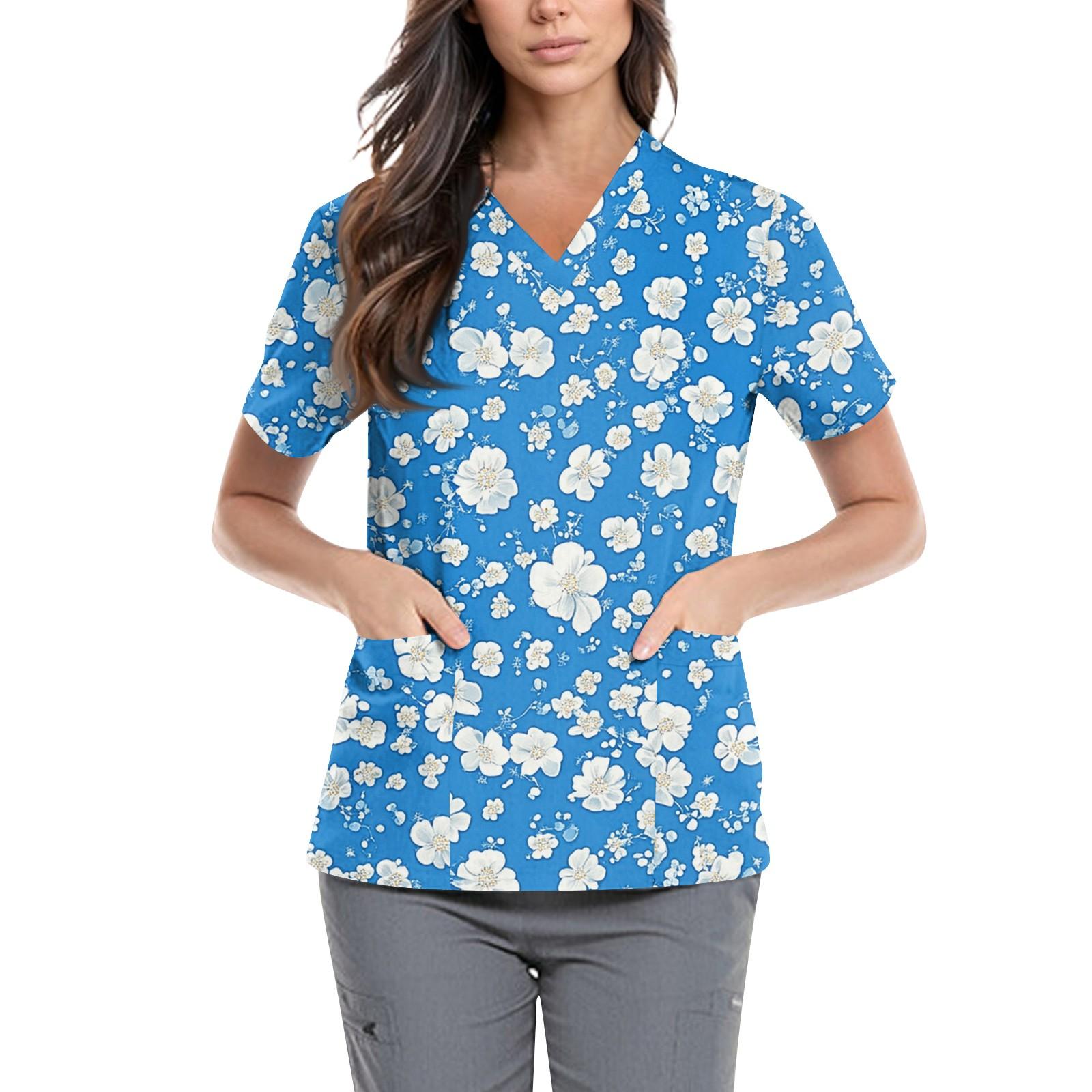 

Женская симпатичная принтованная рабочая одежда с V-образным вырезом, двухслойными карманами, базовым коротким рукавом, пуловером ко Дню святого Валентина XXXXL синий