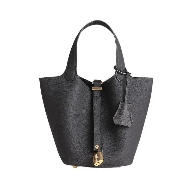 2025 Large Capacity Genuine Leather Commuter Handbag - Lychee Pattern Cowhide Bucket Bag