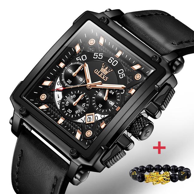 OLEVS 9919 Original Quartz Watch for Men Leather Strap Big Dial Square Waterproof Chronograph Sport Clock Male Relogio Masculino