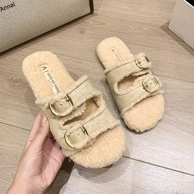 2025 autumn new open-toed double one-word with metal buckle Mao Mao shoes flat-soled fashionable versatile soft-soled women's slippers women