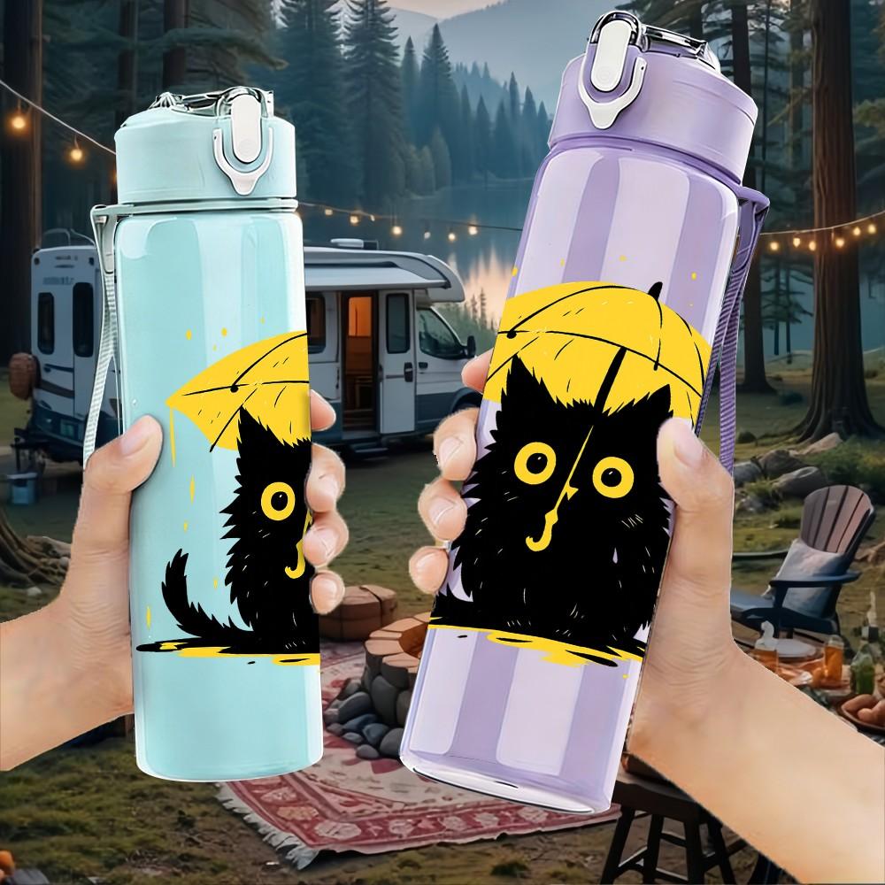 1PC Black Cat Holding Umbrella Print 750ml Color Plastic Sports Water Bottle Leakproof Flip Straw Lid Suitable for Sports Office Home Use