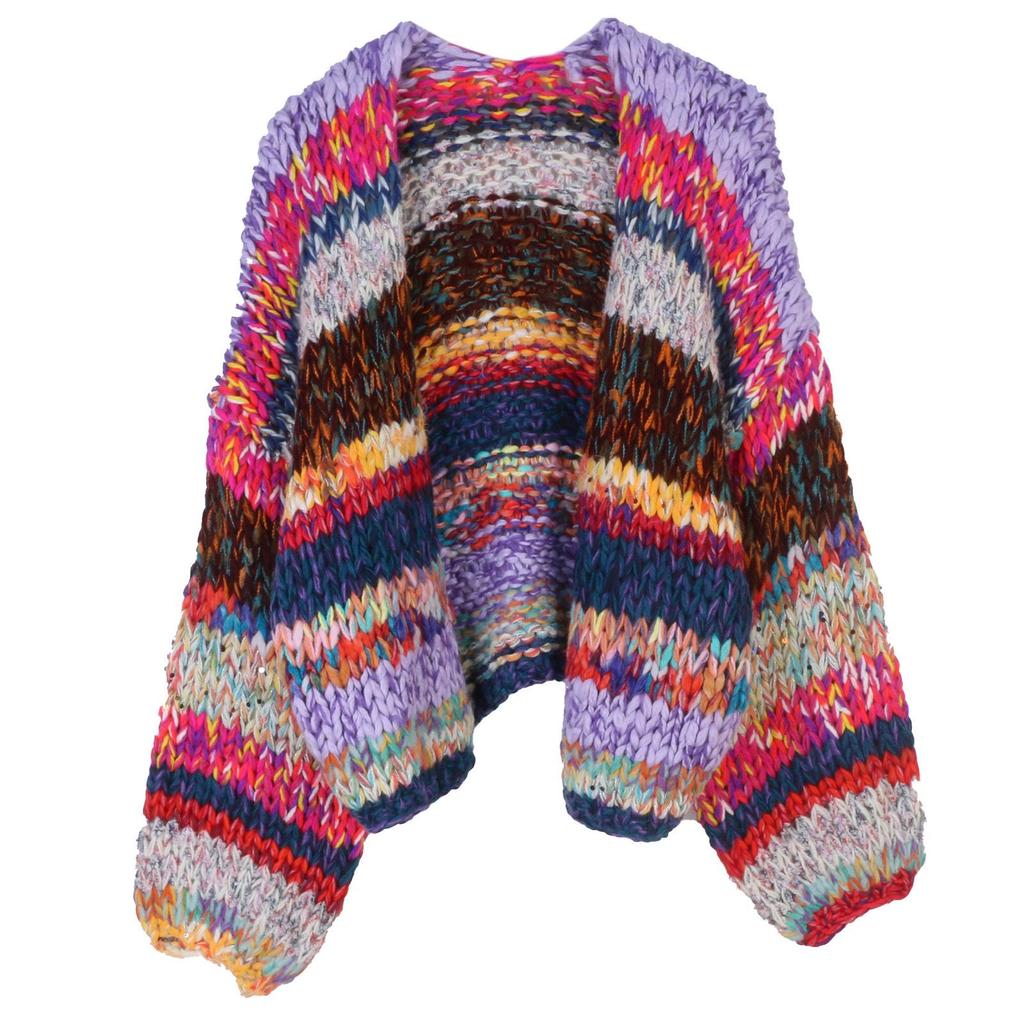 European-American Cross-border V-neck Color Block Cardigan - Women's Fashionable Loose Spring/Autumn Long-Sleeved Sweater.