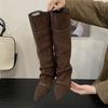 Autumn Winter Designer Lace Up Pointed Toe Women Knee High Boots Punk Vintage Insoles Height Wedges Heels Shoes