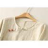 Women Chinese Style Frog Button Round Neck Three Quarter Sleeve Linen Cotton Blend Blouse