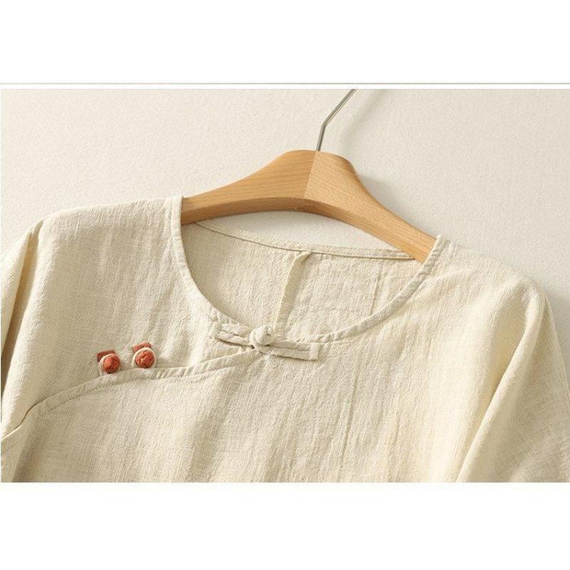 Women Chinese Style Frog Button Round Neck Three Quarter Sleeve Linen Cotton Blend Blouse