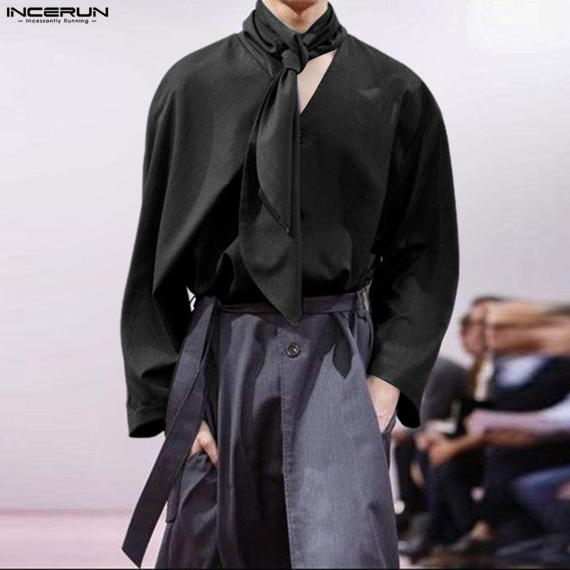 INCERUN Oversized Men Tie Up Neck Long Sleeve Solid Casual Loose Shirts