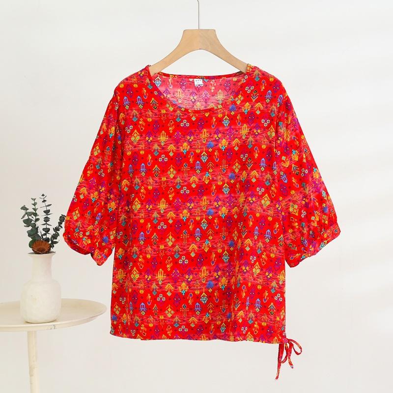 Mid-sleeved T-shirt, Sweet Floral Print, Stylish Drawstring Top, Summer Thin Plus-size Pullover