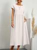 European and American Short-Sleeve Round Neck Cotton-Linen Long Dress with Pockets
