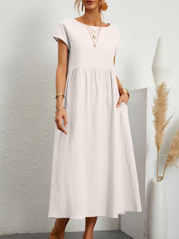 European and American Short-Sleeve Round Neck Cotton-Linen Long Dress with Pockets