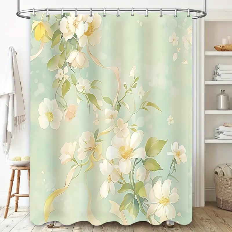 Elegant Floral Shower Curtain White Yellow Blossoms Green Leaves Bathroom Decor Waterproof Mildew Resistant Easy To Clean