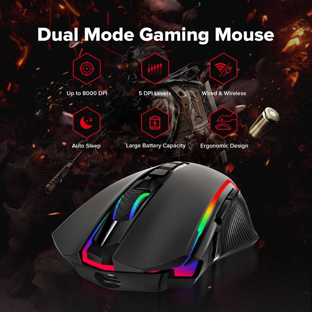 Souris gaming double mode sans fil/filaire Redragon M910-KS RANGER LITE RGB2.4G, 8000 DPI, boutons de tir rapide - Noire