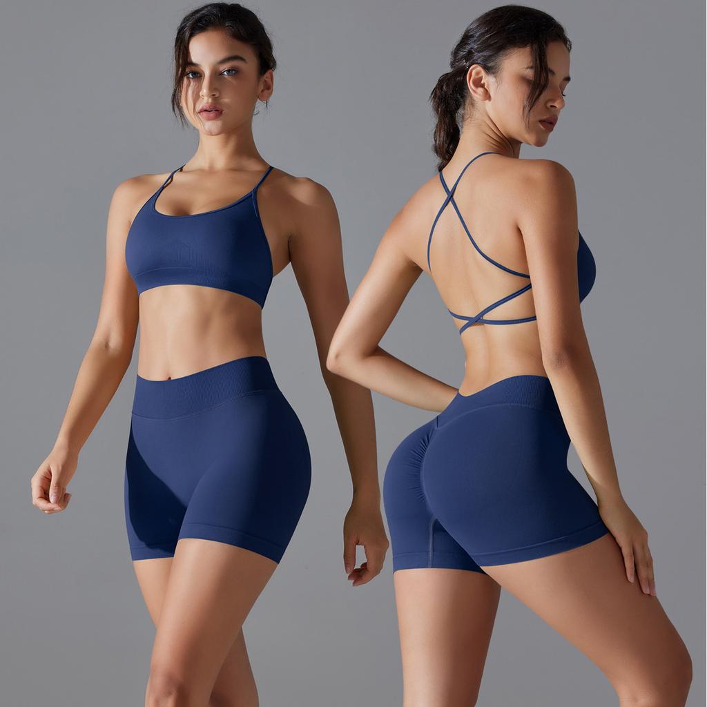 Seamless Cross Yoga Suit Breathable Quick Drying Tight Fitting Sports Suit Running Fitness Suit Two-Piece Set For Women