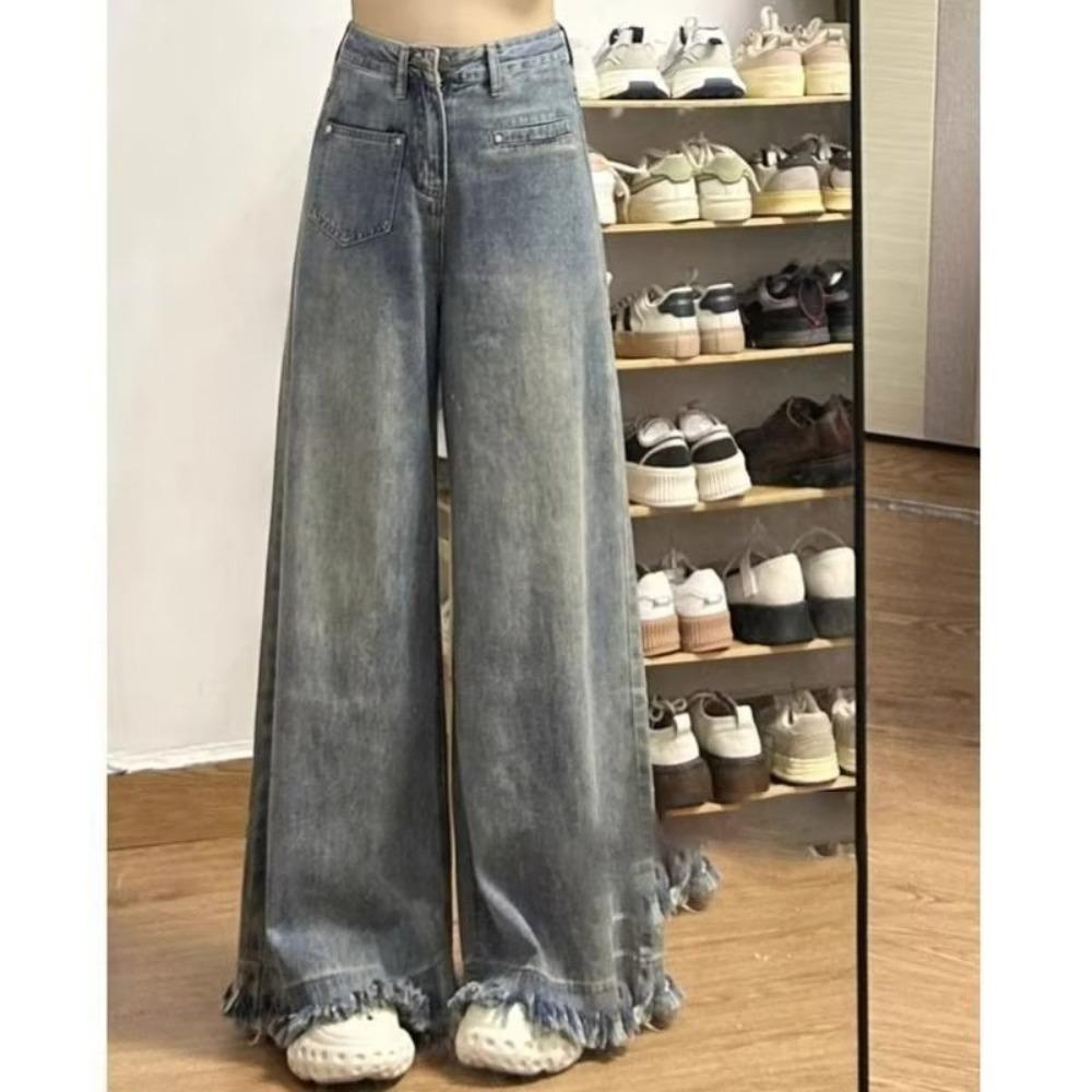 

Personalized rough-edged wide-leg jeans for women s spring and autumn new high-waisted and thin loose design mop denim 2XL светло-синий