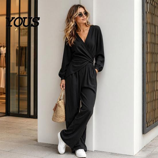 Women Two-piece Suit Women's Long Sleeve 2 Piece Sets, Irregular Hem V Neck Top Everyday Casual And Wide Leg Pants Matching Travel