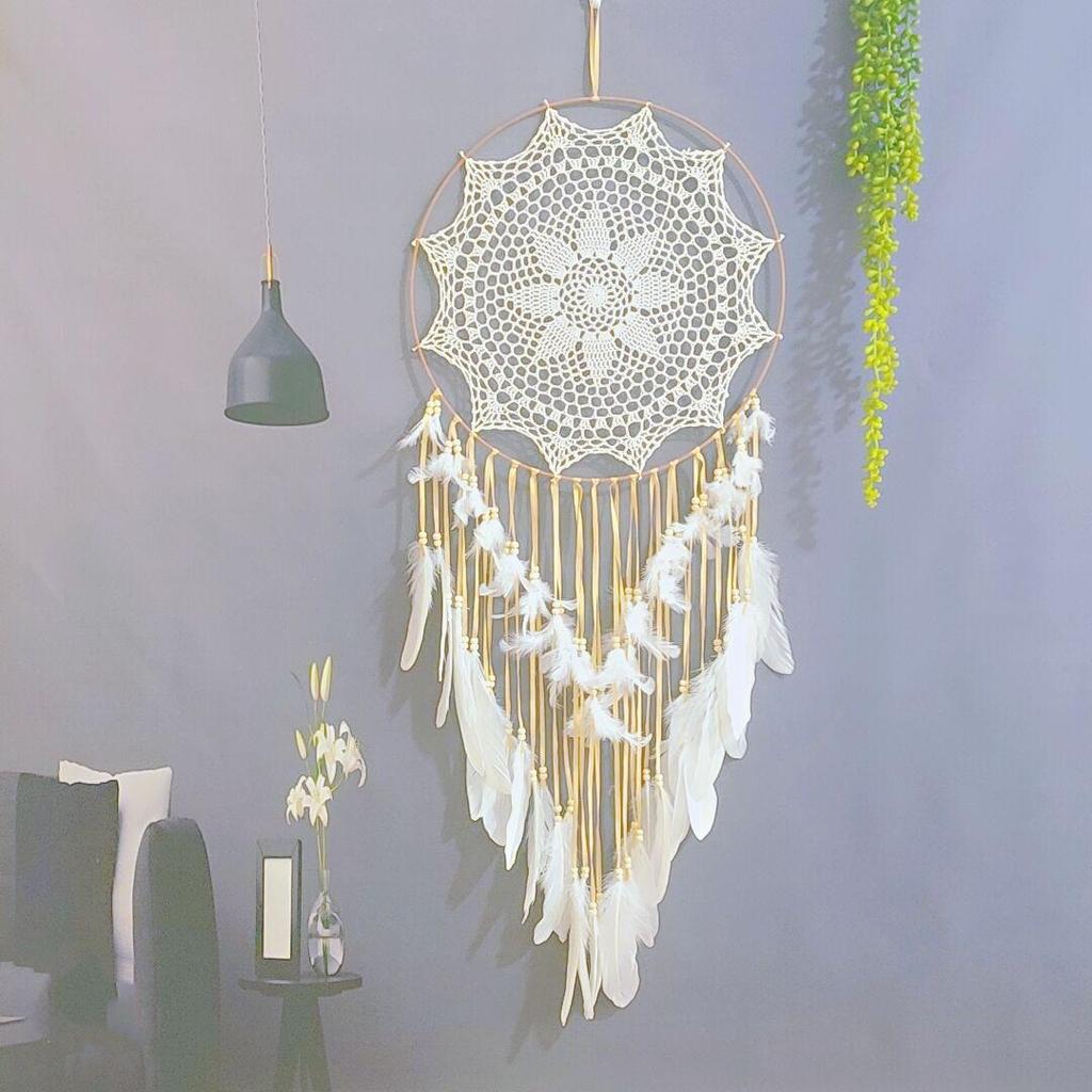 Nordic Feather Wind Chime Dream Catcher: Creative Crochet Hanging Ornament for Home or Wedding Decor.