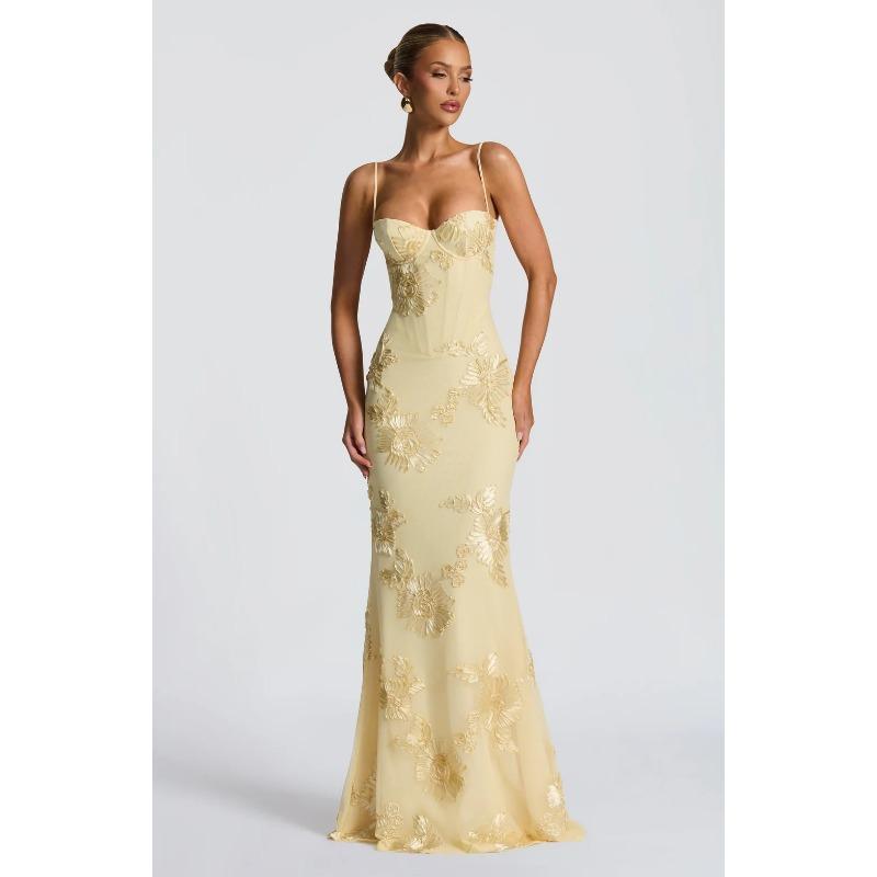 Abito da sera lungo da donna in stile francese, vestibilità aderente, con spalline sottili, schiena scoperta, tinta unita, con decorazione floreale