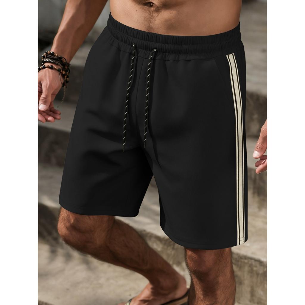 Men's Casual Waffle Knit Elastic Waist Breathable Five Inch Shorts with Side Stripe Panel and Drawstring Closure