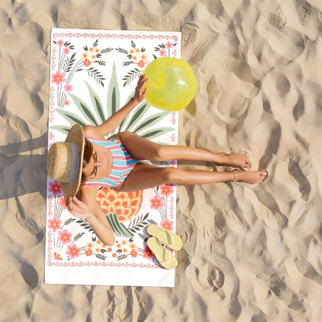 Bohemian Pineapple Flowers Polyester Microfiber Beach Towel Is Highly Absorbent, Suitable for Swimming and Beach Outings