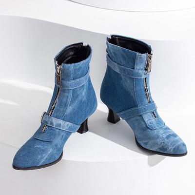 Chunky Heels Ankle Boots Women Pointed Toe Winter Shoes Women Belt Buckle Big Size Botas Custom Denim Zapatos Mujer WSH4726