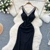 Summer Women V-neck Sleeveless Beaded Solid Evening Party Mermaid Fishtail Long Midi Dresses
