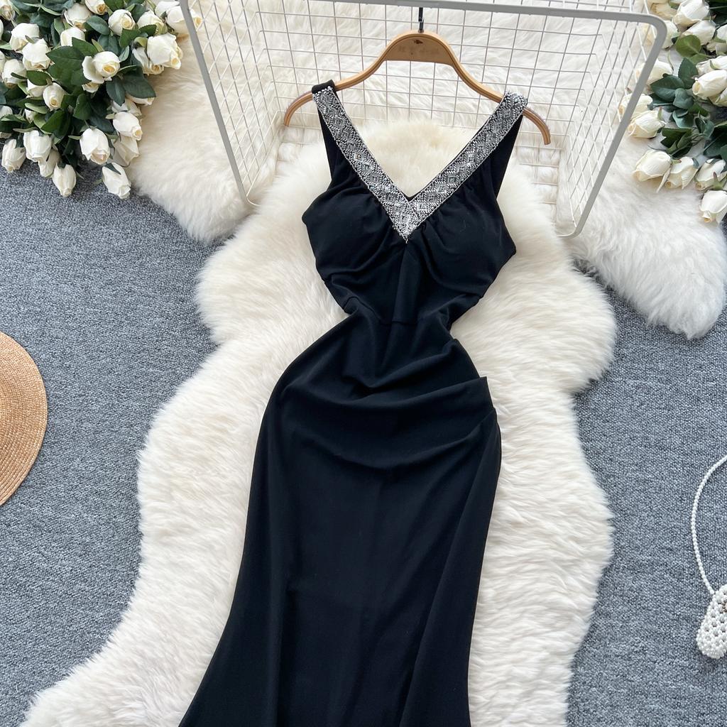 Summer Women V-neck Sleeveless Beaded Solid Evening Party Mermaid Fishtail Long Midi Dresses