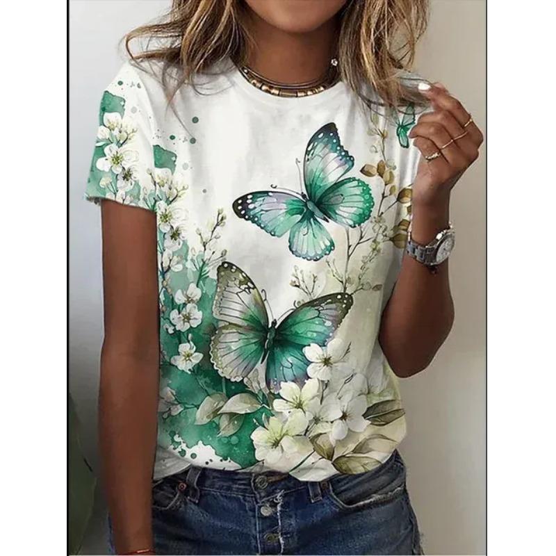 2024 Summer Fashion Short-sleeved Tops New O-neck 3d Butterfly Print T-shirt Women's T-shirt Plus Size Summer Tops for Women