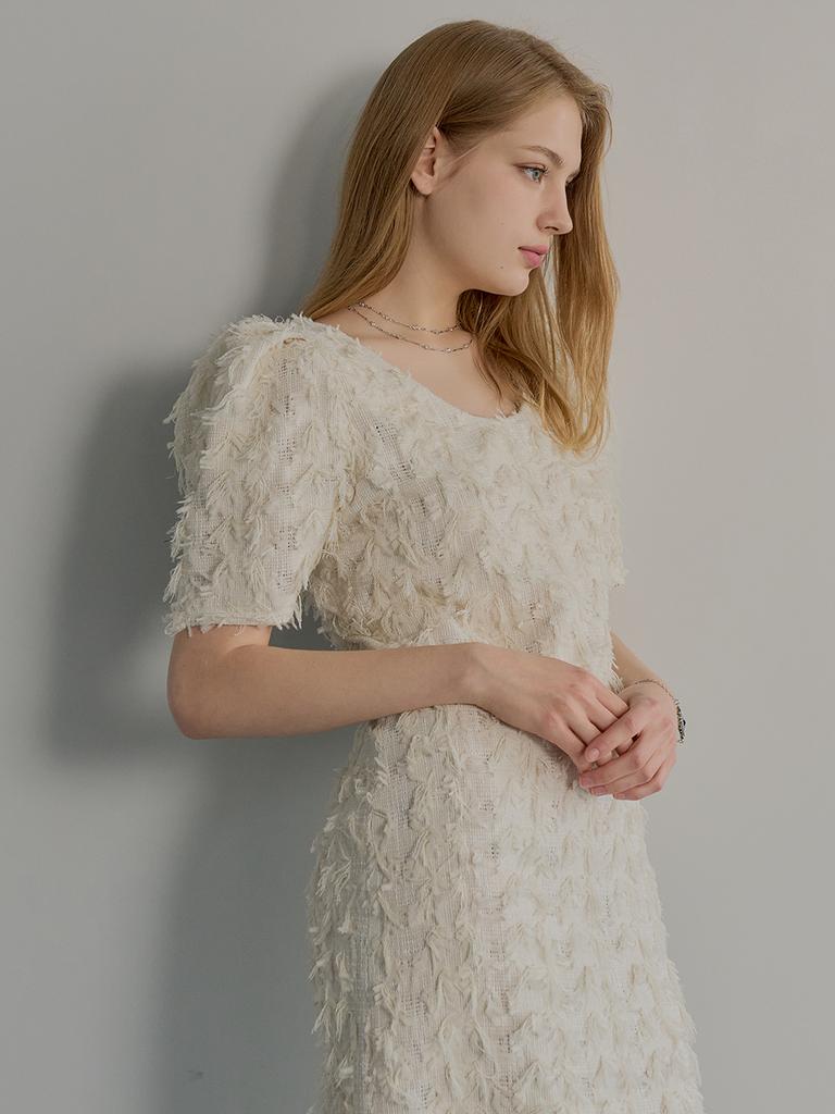 Muse By Rose Eva Tweed H-Line Midi Dress (Cream Ivory)