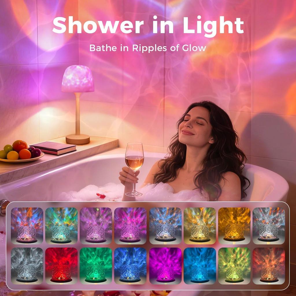 Waterproof Shower Lamp Rechargeable LED Ocean Projector Outdoor Table Lamps | 16 Color Ocean Wave Projection, Remote & Touch Control, USB-C