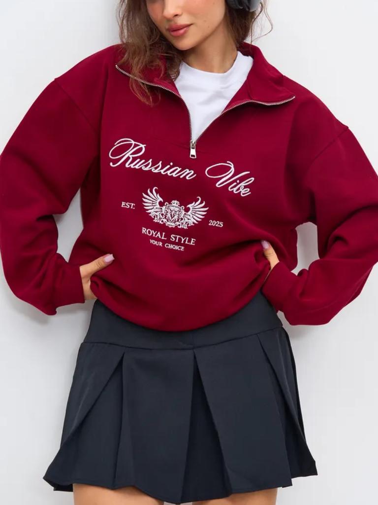 Street Ruffian Letter Print Half Zipper Lady Thickened Lapel Sweater Commuter Top