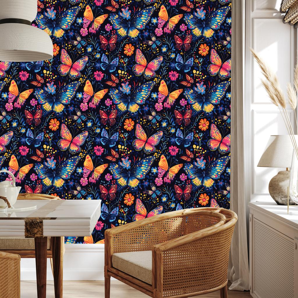 Wallpaper Colorful Butterflies Navy Blue for Living Room and Bedroom 50x1000