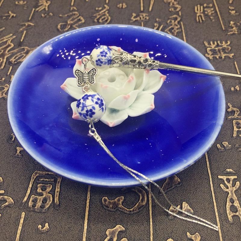 Blue and White Ceramic Fringed Hairpin Niche Design Step Hairpin Hairpin Women's Literary and Antique Earrings