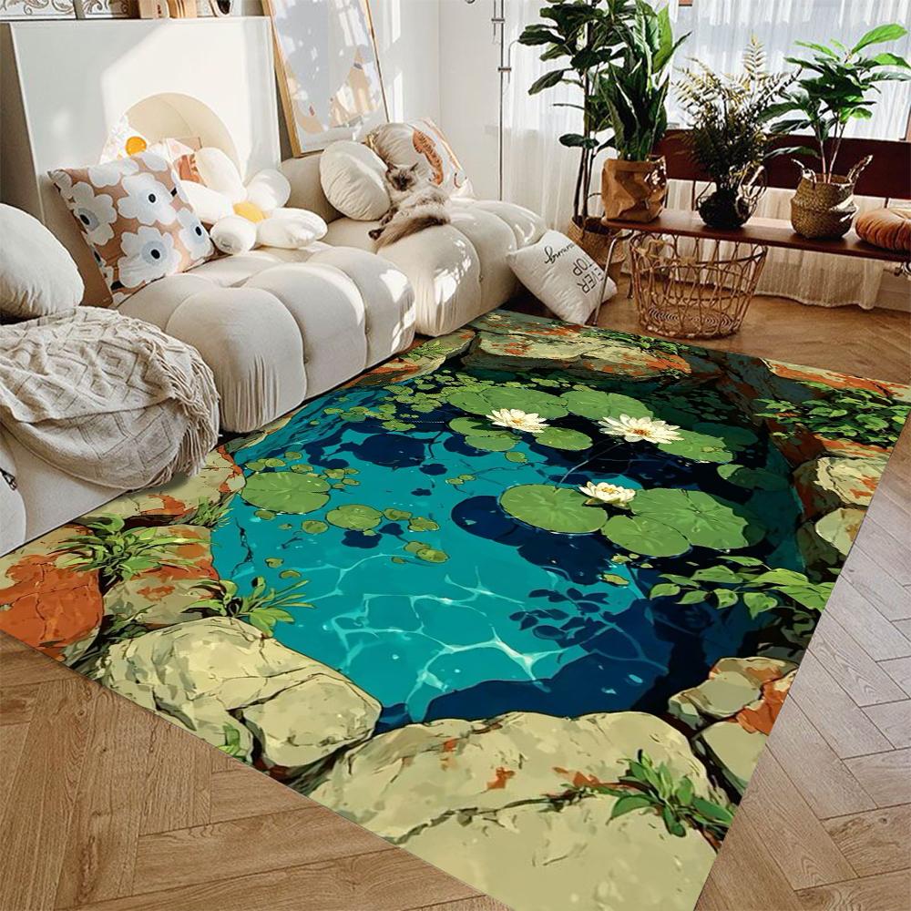 2D Koi Fish and Lotus Leaf Rock Design Carpet Suitable for Bedroom and Living Room Carpets Floor Mats for Children's Play Areas