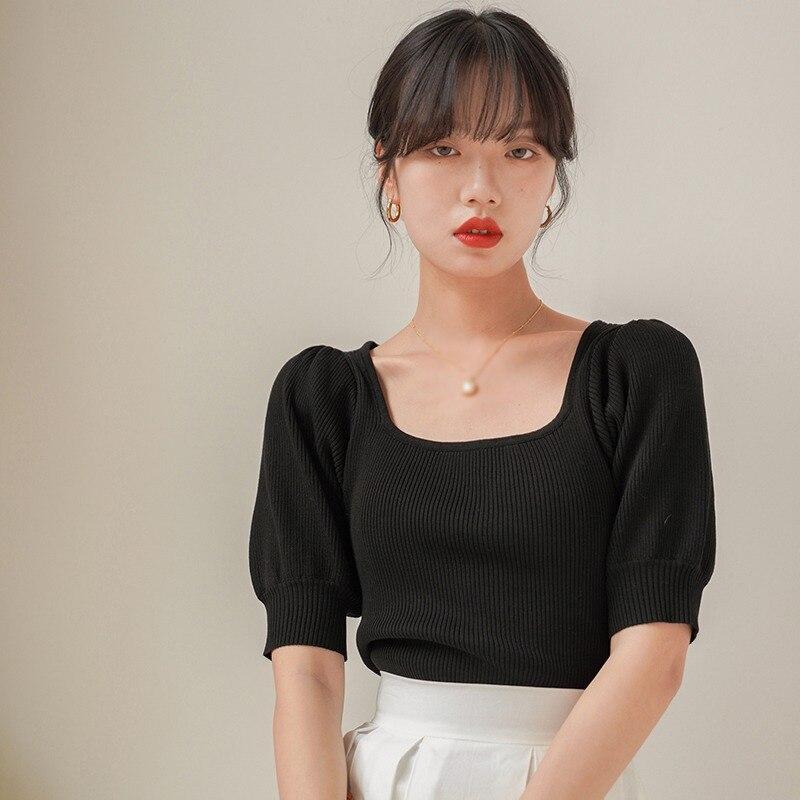 Donne Maglia a coste T Shirts Skinny Square Collar Elegante Puff Sleeve  T-Shirt Top Knitted Casual Top Tee acquista in modo economico — spedizione  gratuita, recensioni reali con foto — Joom