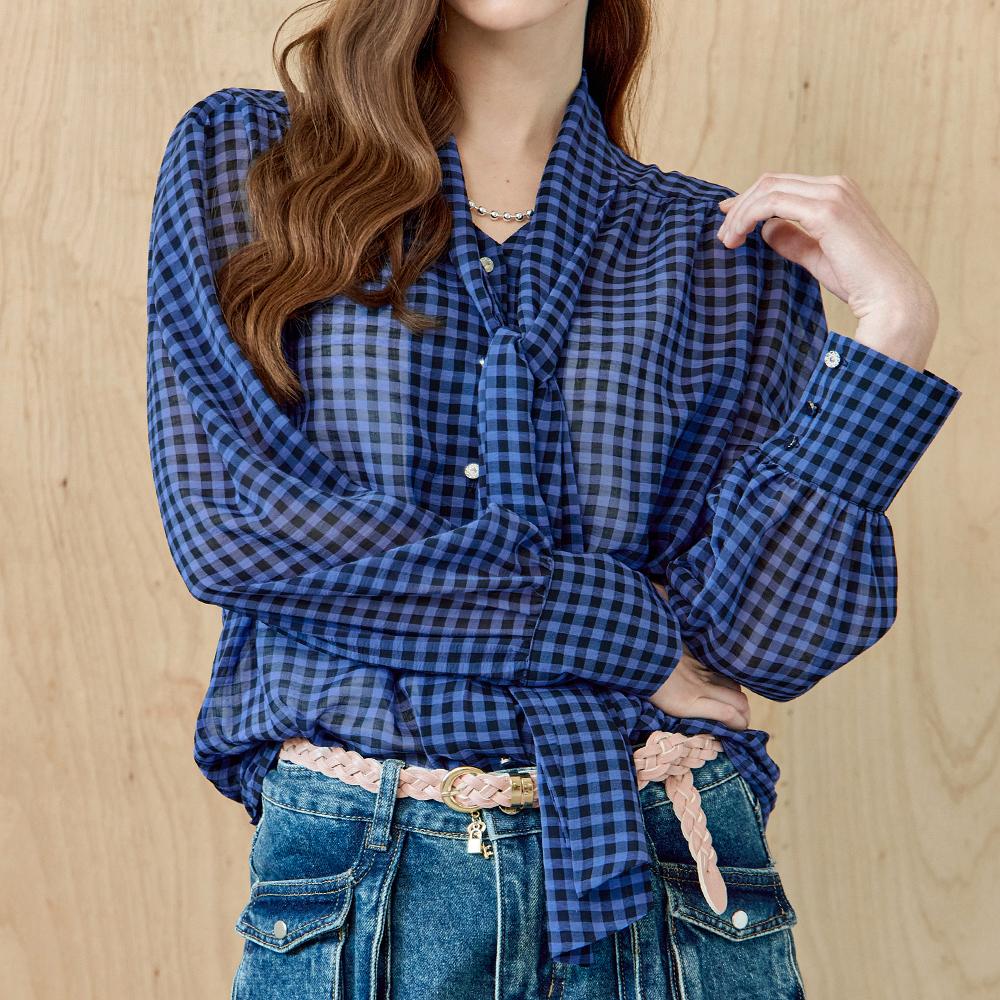 Maja Gingham Check Tie Ribbon Chiffon Blouse Blue/Free