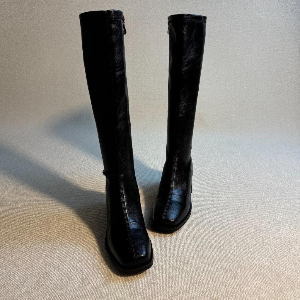 Cowhide version~ retro square head elastic thin boots women's 2025 new black high-heeled knight boots but knee boots