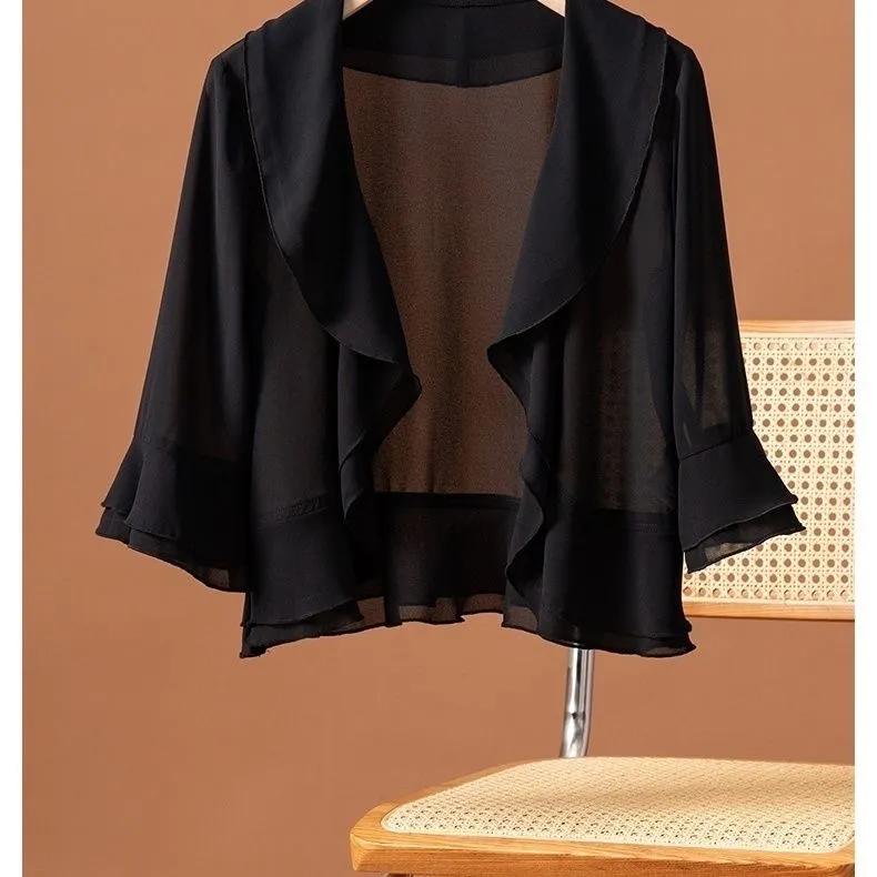 Women's Summer Solid Colour Thin Chiffon Jacket Ruffle Sleeve Elegant and Comfortable Sunscreen Tops