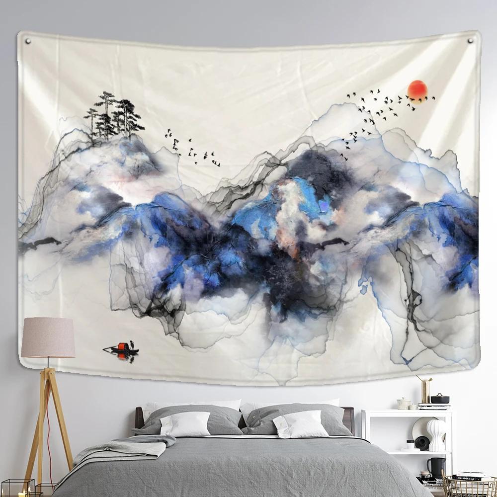 Mountain And River Ink Painting Tapestry Wall Hanging Bohemian Style Ins Hippie Psychedelic Home Decor