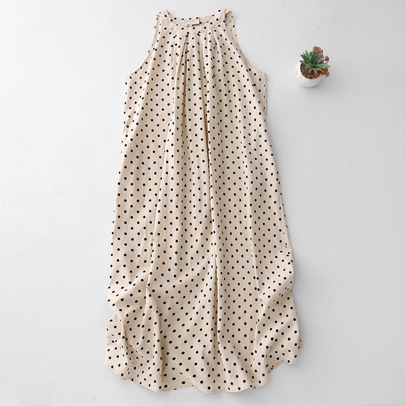 

Ленивый отпуск ветер горошек хлопок и лен платье женское лето новое перерыв на кофе нишевый дизайн А-силуэт платье M бежевый