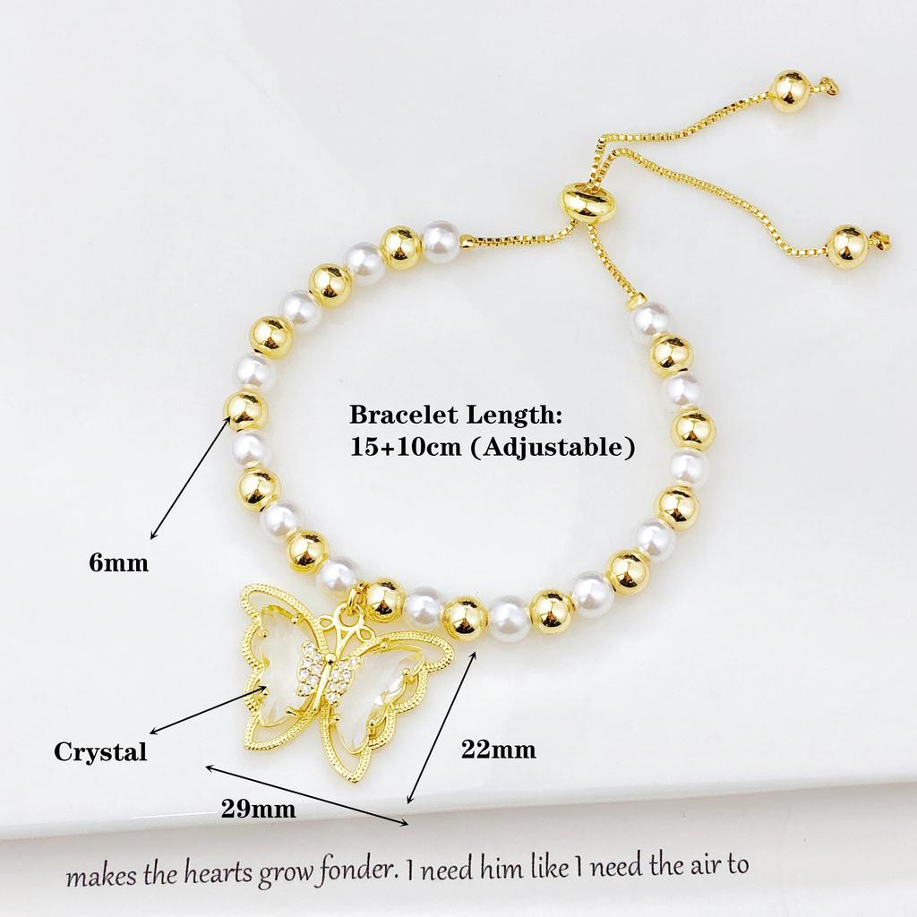 Luxury Butterfly Crystal Zircon Copper Bead Pearl Chain Bracelet Charming for Women Girls Daily Party Wrist Jewelry Wholesale