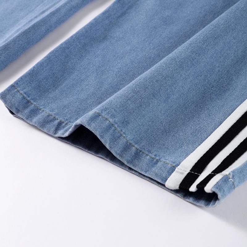 Women Denim 2 Piece Set Striped Long Jacket Lace Up Washed Distressed Wide Leg Pant Autumn Female Streetwear Matching Sets