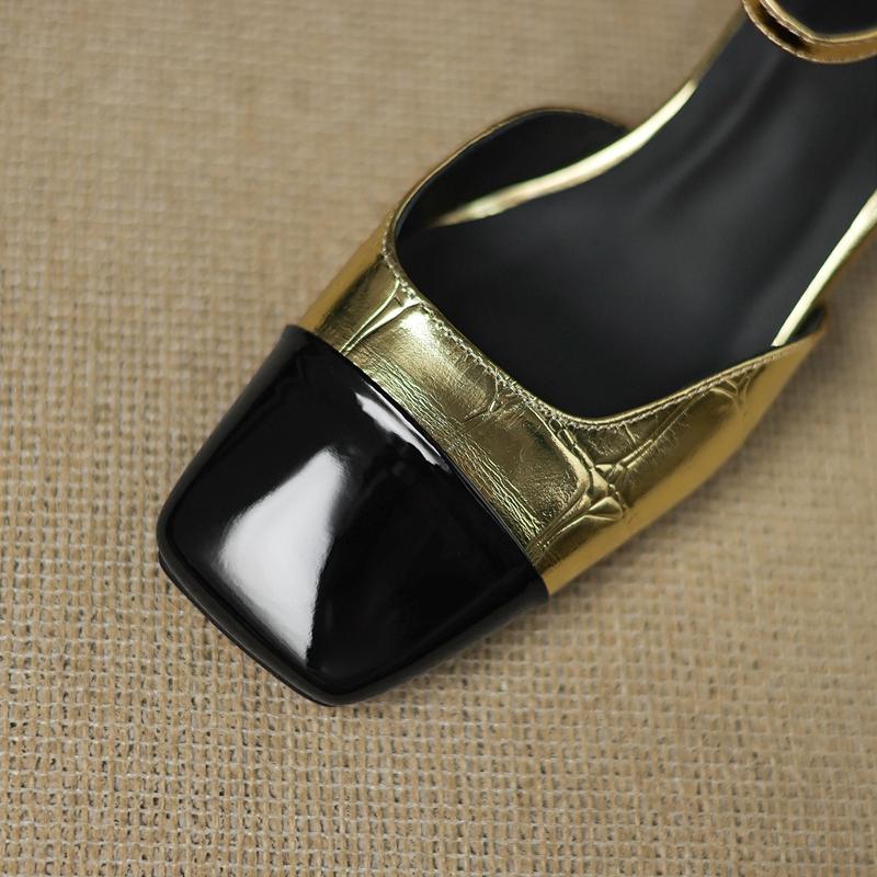 Fashion Women's new spring/summer color blocked leather square toe high-heeled high-heeled oversized elastic belt buckle toe sandals