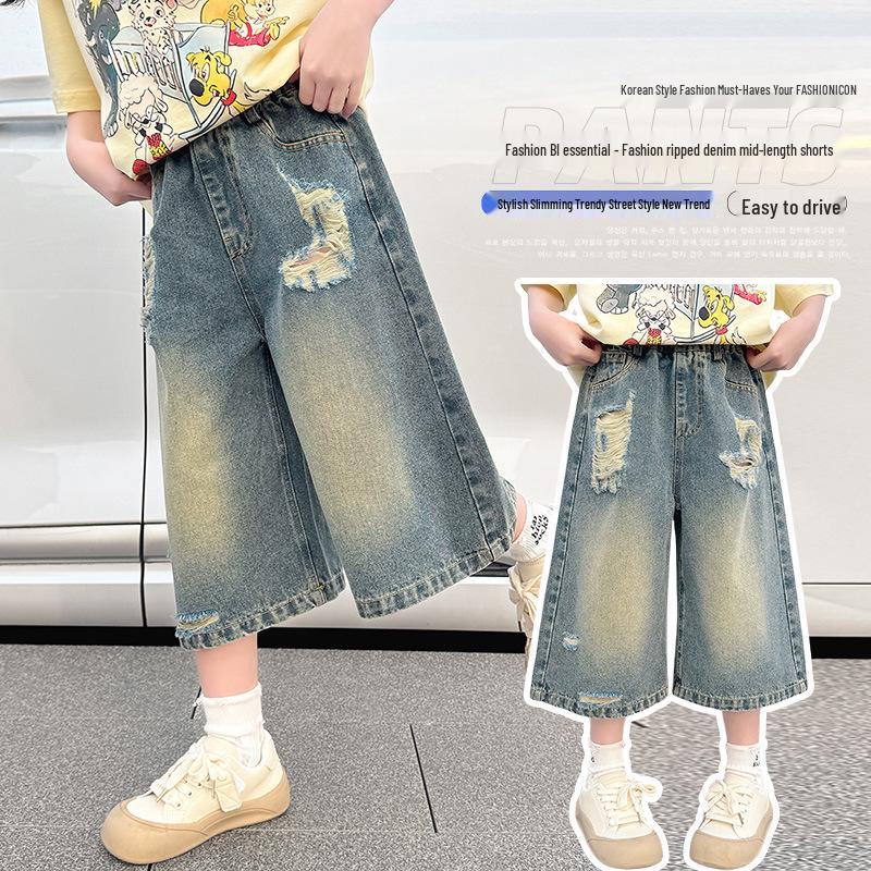 Girls' Summer Denim Wide-Leg Capri Pants - Ripped Korean Style