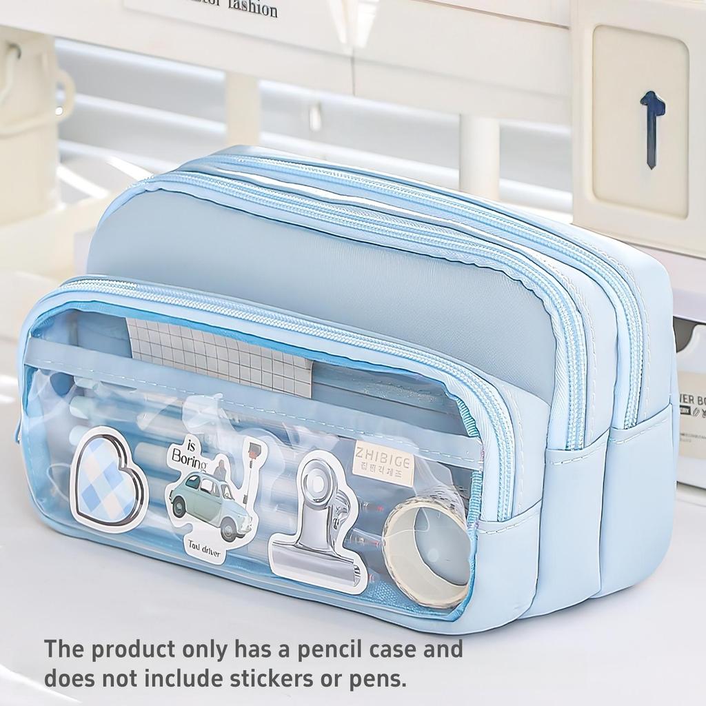 Large Light Color Multi-Compartment Pencil Case Durable with Clear Window Portable Cosmetic Bag for Stationery