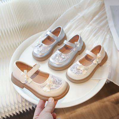 Girls Princess Shoes Mesh Lace Embroidered Bows Kids Flat Shoes Non-slip Soft Sole 2025 New Girls Leather Shoes Round Toes Cute