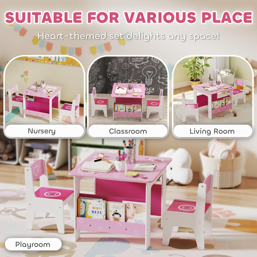 3 Pieces Kids Table and Chair Set, Toddler Activity Table with Bookshelves, for Living Room, Nursery, Playroom, Pink
