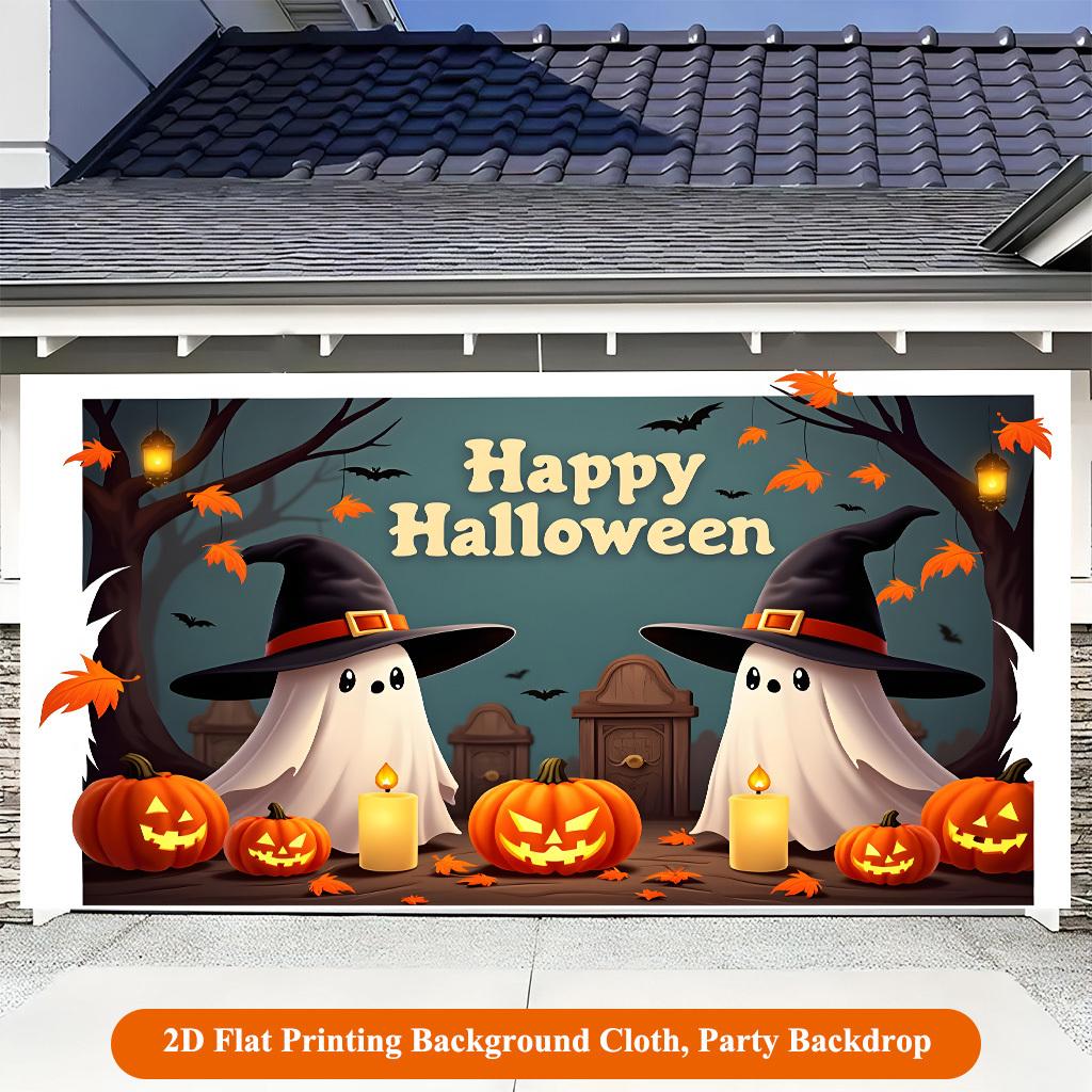 1 piece of 2D Flat background fabric, Halloween ghost and pumpkin lantern background fabric, multi-functional polyester