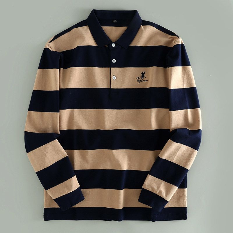Men s Long-Sleeve Polo Shirt with Striped Embroidery, Stylish Business Casual Top, Export Surplus Navy blue L