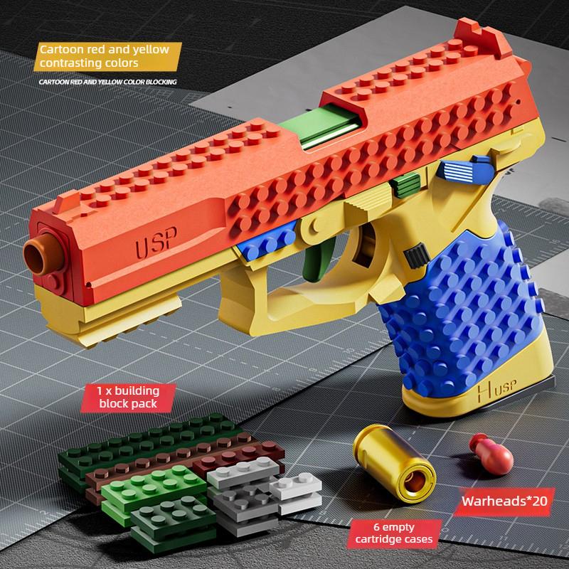 Usp Bouwsteen Blaster Automatische Hulsafstoting Continu Vuur Speelgoedpistool Doe-het-zelf Montage Pistool Model Met 20 Pijltjes 6 Hulzen