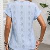 Ladies Summer Short Sleeve Button V Neck Casual Solid Color Lace Hollow Pullover Blouse Shirt Top